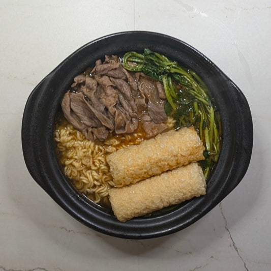 Mala Pot Flavor Ramen with Marble Beef Slices, Watercress & Fried Beancurd Roll