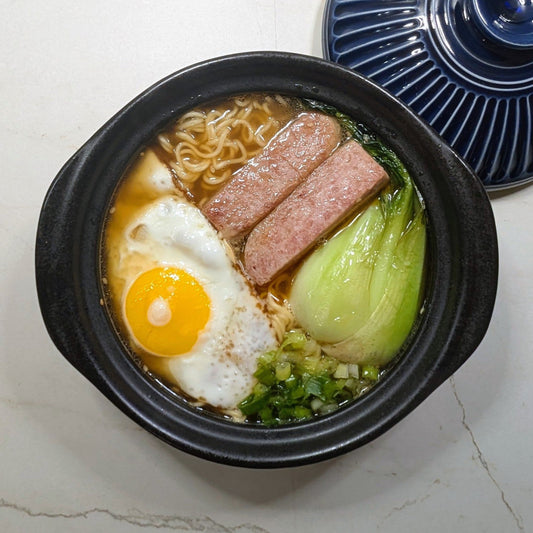 Sesame Flavor Ramen with Sunny Side Up Egg, Crispy Luncheon Meat, Pan Charred Shanghainese Bok Choy and Chopped Scallions