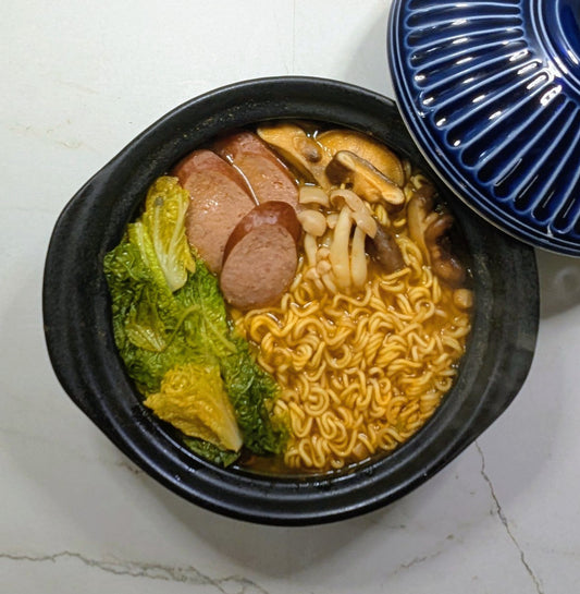 Shin Flavor Ramen with Kielbasa Sausage, Mushrooms & Napa Cabbage