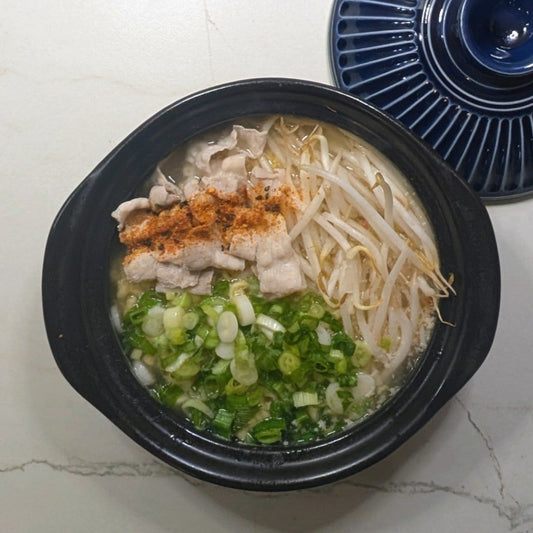 Tonkotsu (Rich, Milky Pork Bone Broth) Flavor Ramen with Spicy Pork Belly Slices, Bean Sprout & Chopped Scallions