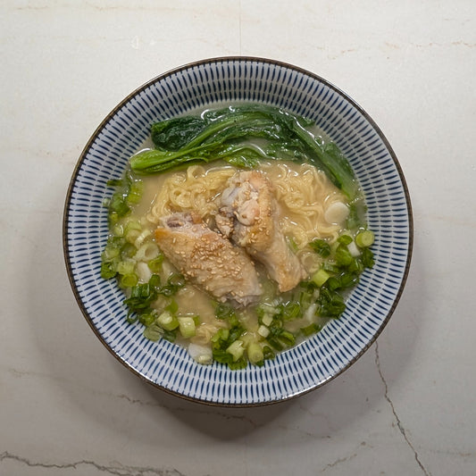 Tori Paitan Flavor (Rich, Creamy Chicken Broth) Ramen with Pan Fried Chicken Wings & Taiwanese A Choy