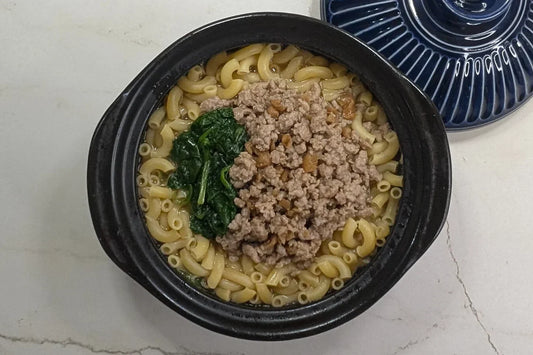 Cozy & Leafy: Pork, Spinach & Tung Choi Macaroni Soup